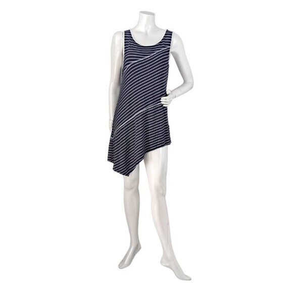 Cable Gauge Tops - Cable Gauge Striped Asymmetrical Tunic Stretch Sleeveless Blouse Navy White